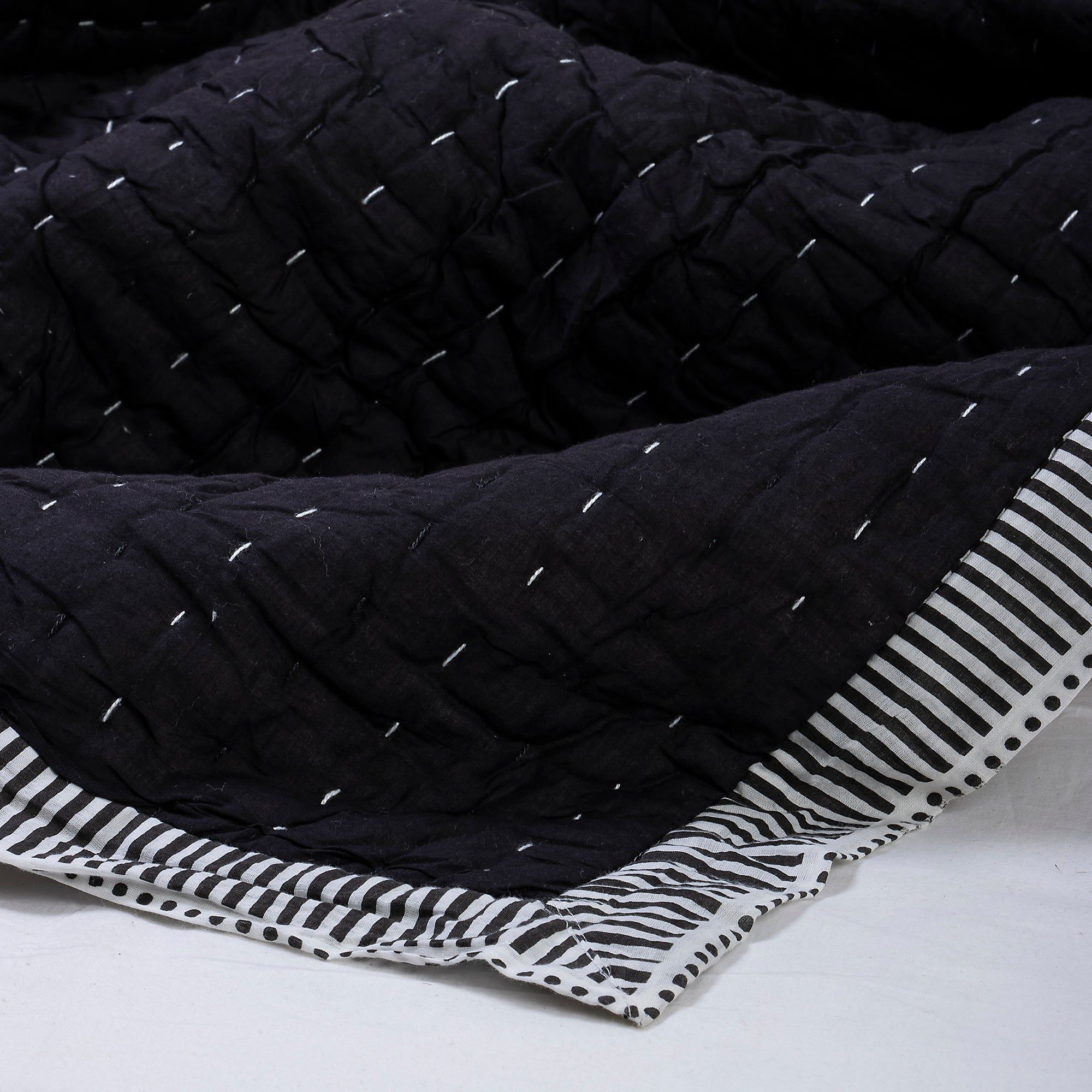 Handmade Solid Black Cotton Reversible Kantha Soft Quilt Blanket